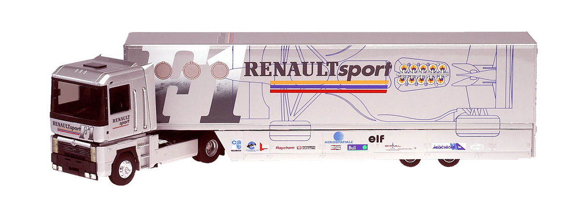 Miniature Eligor 1/43 – Renault AE 500 Williams F1 1995 – Semi-remorque Blanc/bleu